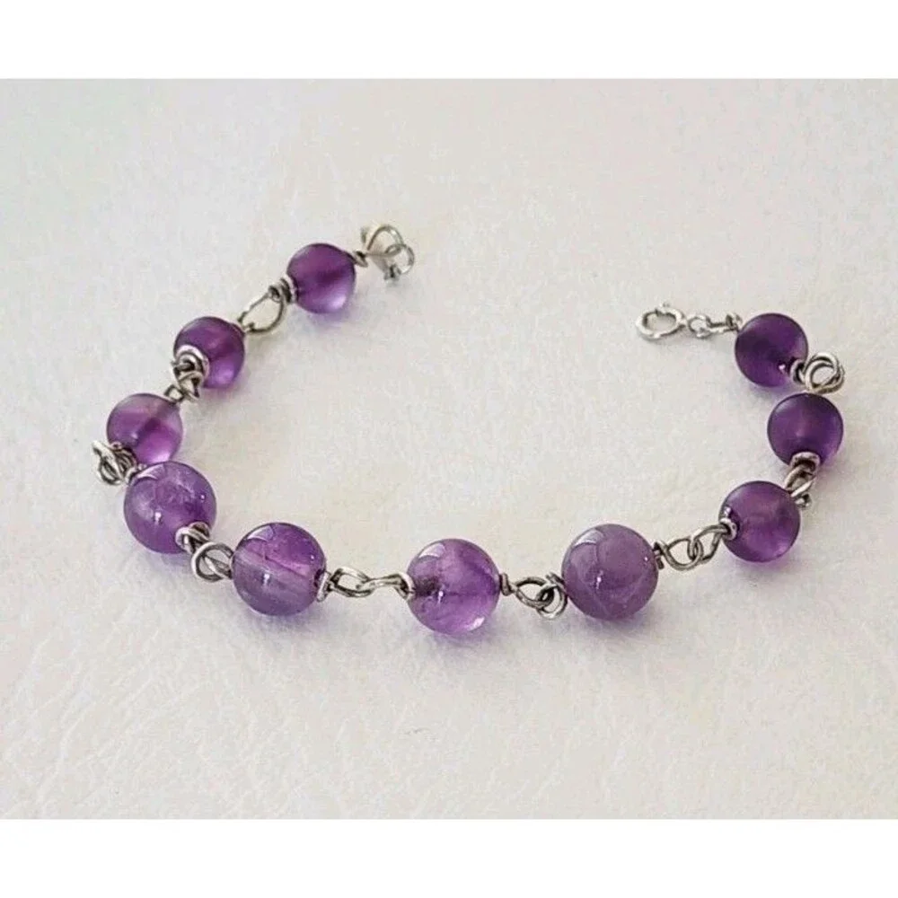 Sterling Silver Amethyst Beaded Chain Bracelet 7 Inches 7.79 Grams Handcrafted